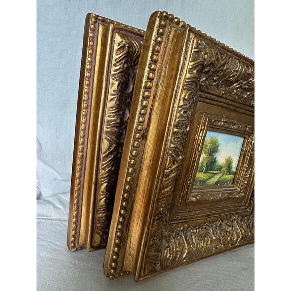 2 Vintage Miniature Framed Oil Paintings Landscape 10x9” gold ornate frame set - Picture 4 of 12